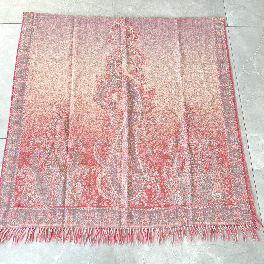 100% Pashmina Handmade Pink Turquoise Paisley Crystal Bead Long Wrap Shawl Scarf - Picture 11 of 13